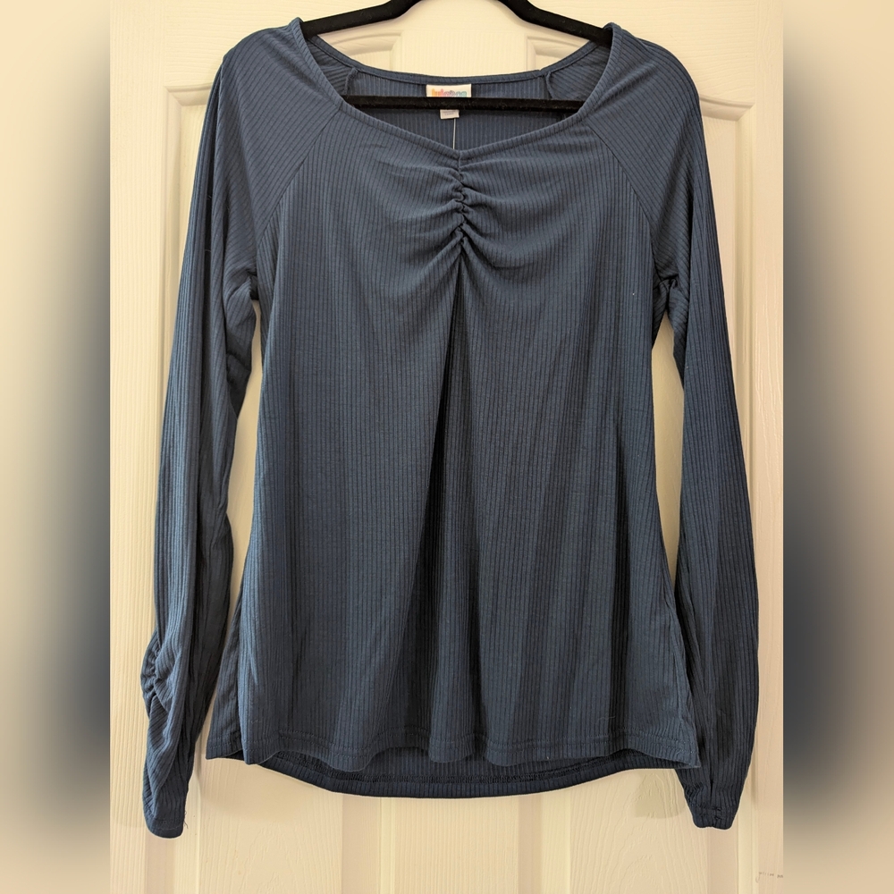 LuLaRoe Mia Slate Blue Ribbed Long Sleeve Top with Front Gather
